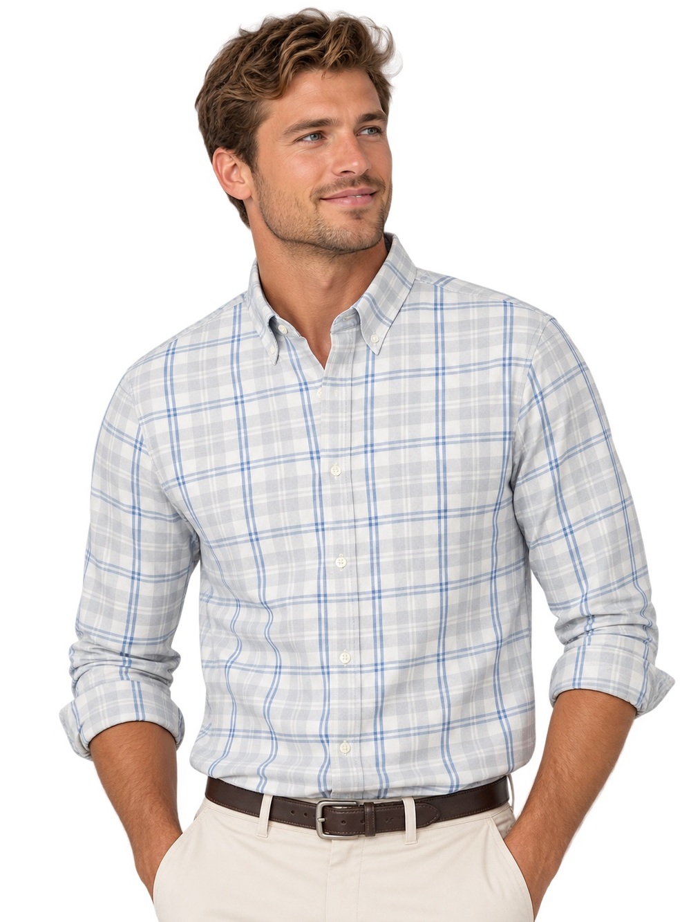 Lands' End | Plaid Button-Down Dress Shirt | White, Blue, Gray Check XL